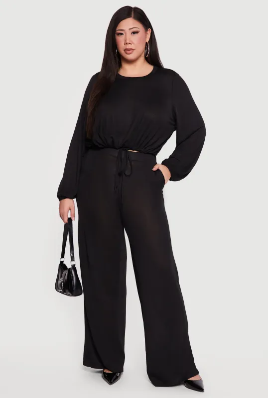 Plus Size High Waisted Wide Leg Brushed Knit Pants sold by Rainbow