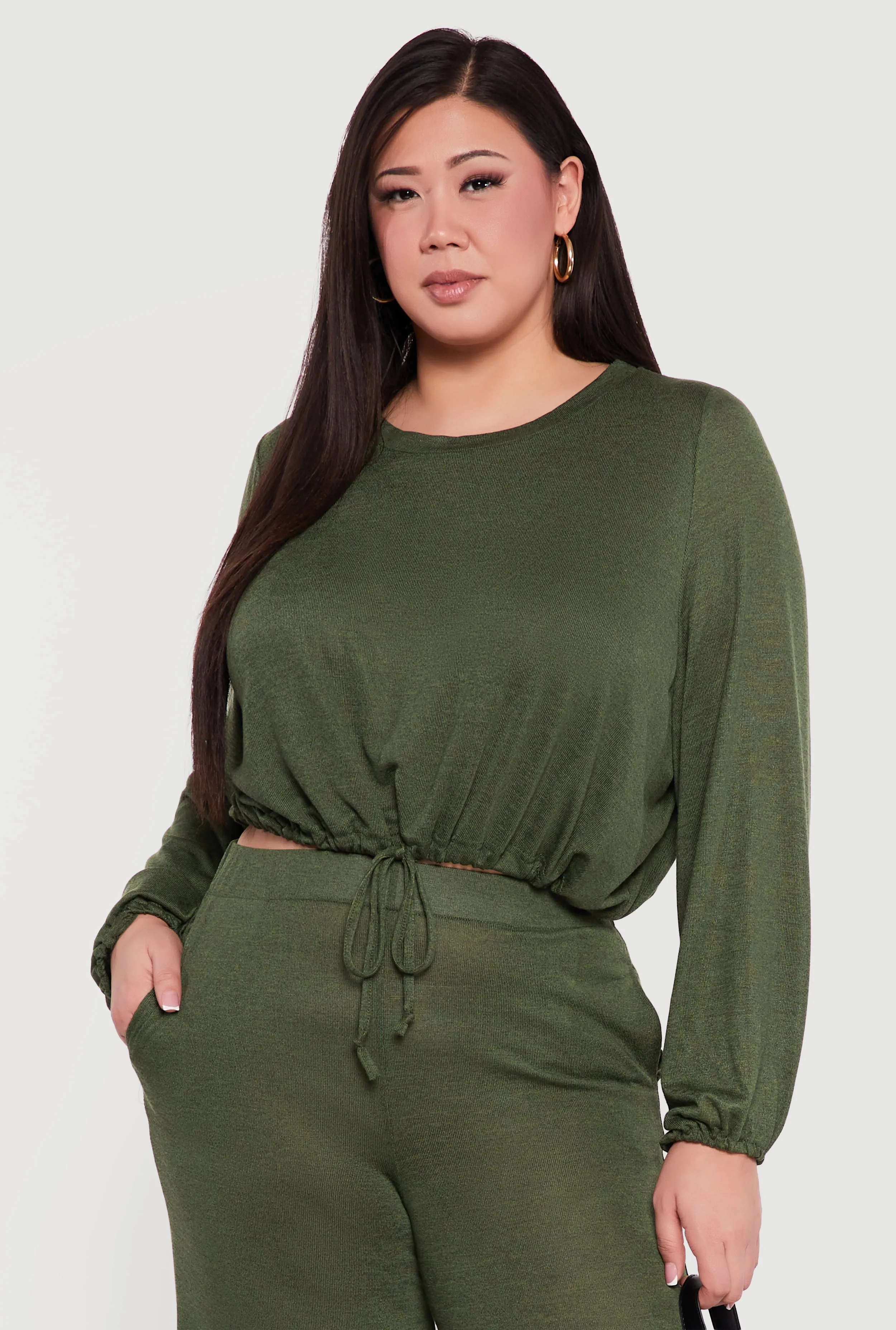 Plus Size Drawstring Hem Long Sleeve Crop Top sold by Rainbow