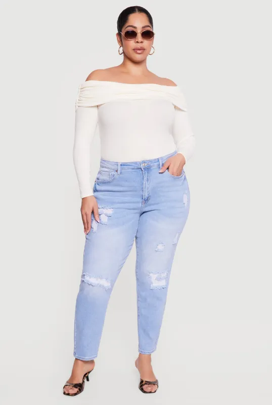Plus Size WAX High Waisted Distressed Mom Jeans sold by Rainbow