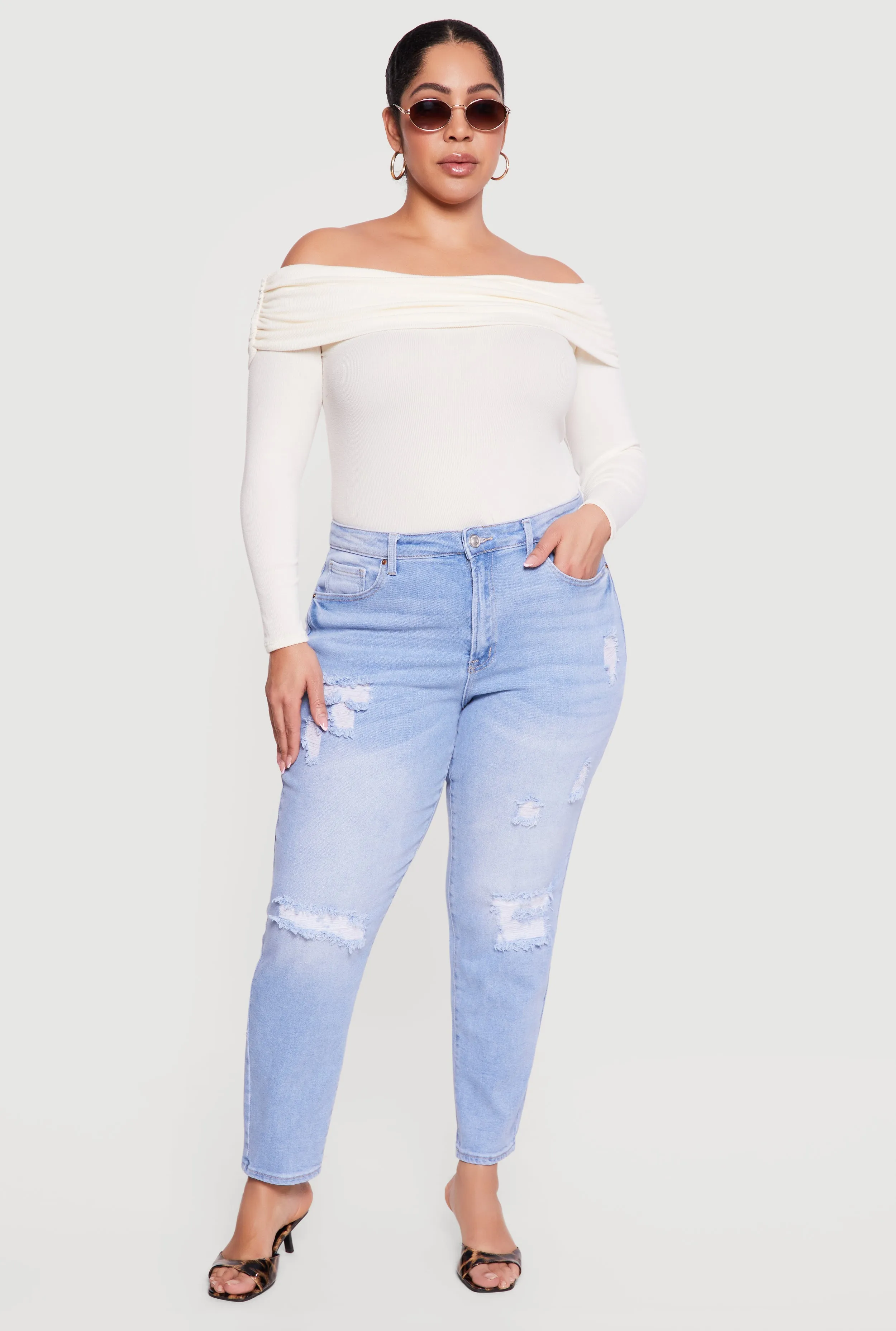 Plus Size WAX High Waisted Distressed Mom Jeans sold by Rainbow