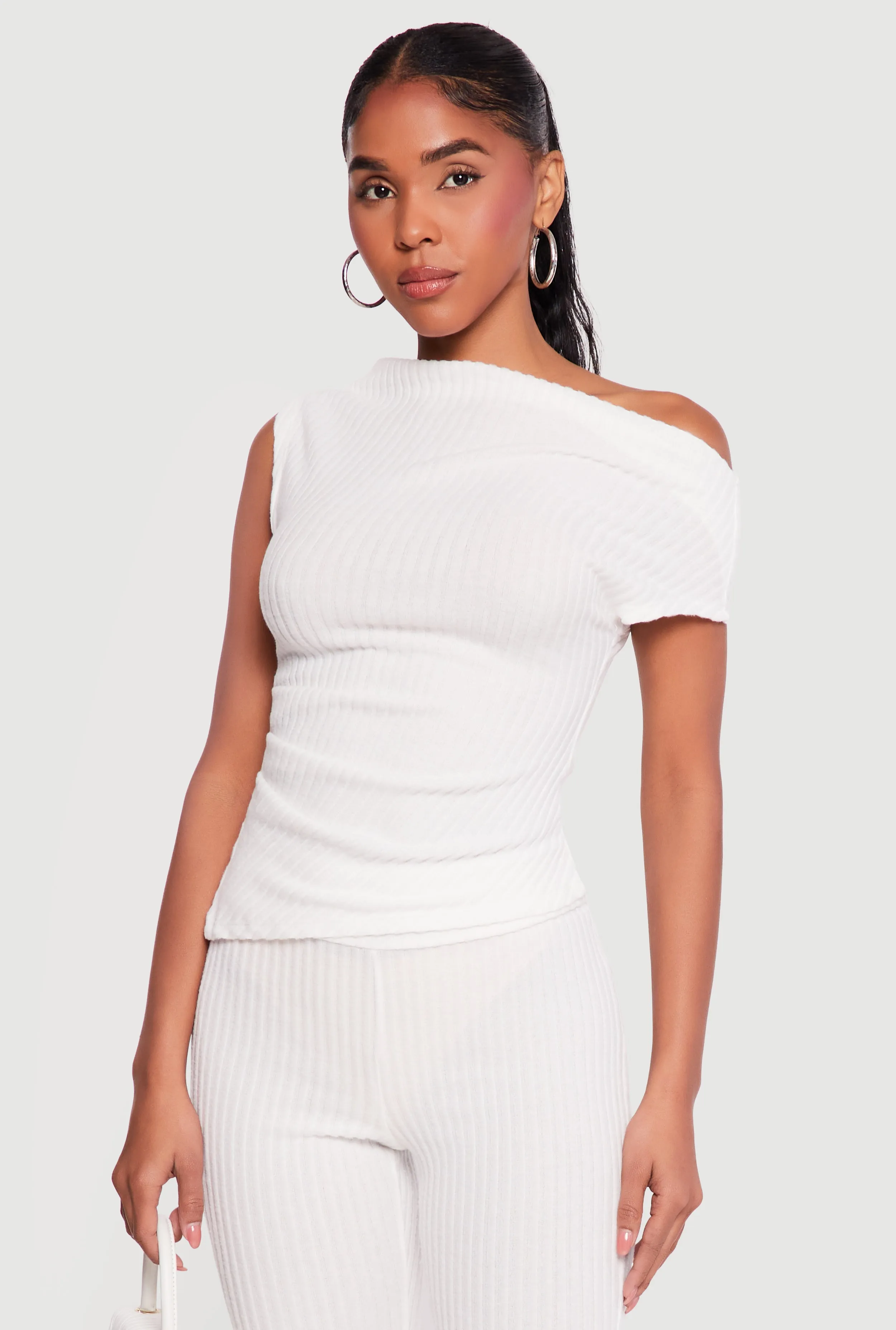 One Shoulder Rib Knit Side Ruched Blouse sold by Rainbow product image thumbnail 5
