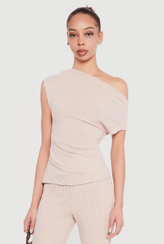 One Shoulder Rib Knit Side Ruched Blouse sold by Rainbow