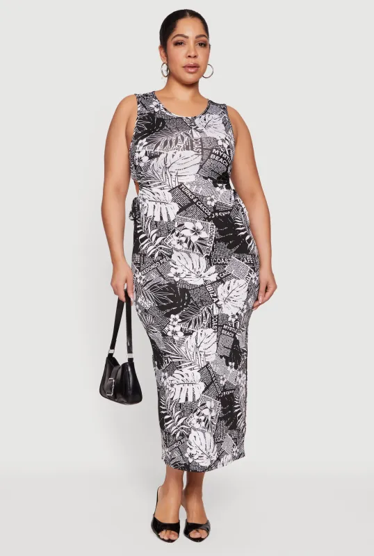 Plus Size Patterned Drawstring Keyhole Side Dress sold by Rainbow