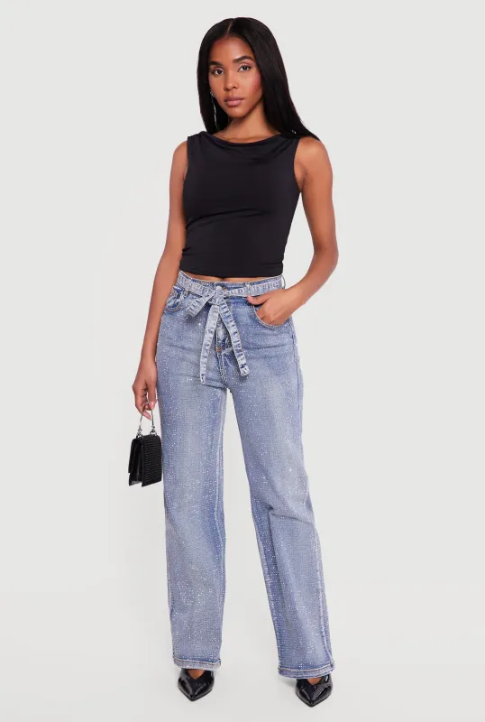 High Waisted Tie Waist Belted Rhinestone Studded Jeans sold by Rainbow