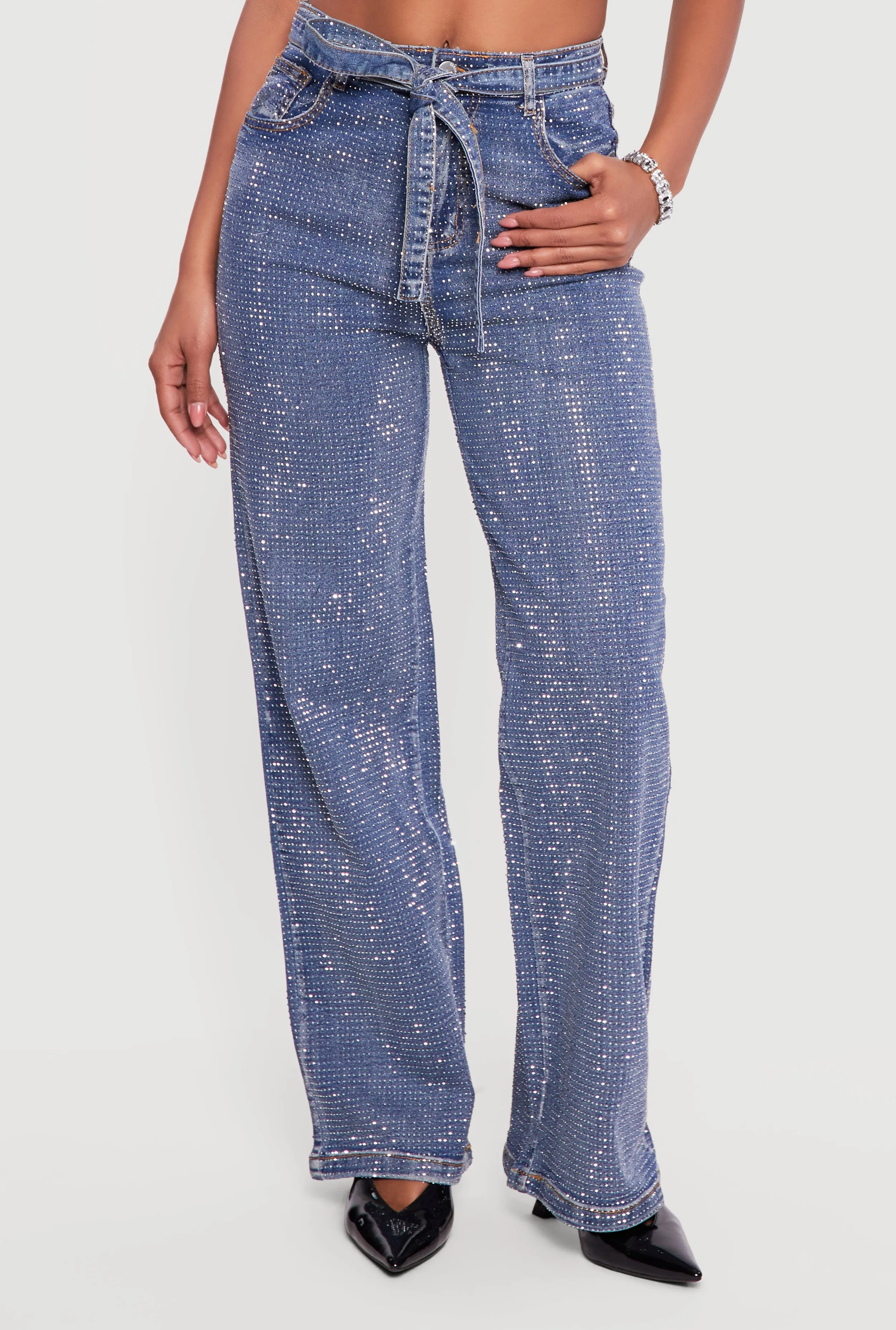 High Waisted Tie Waist Belted Rhinestone Studded Jeans sold by Rainbow product image thumbnail 3