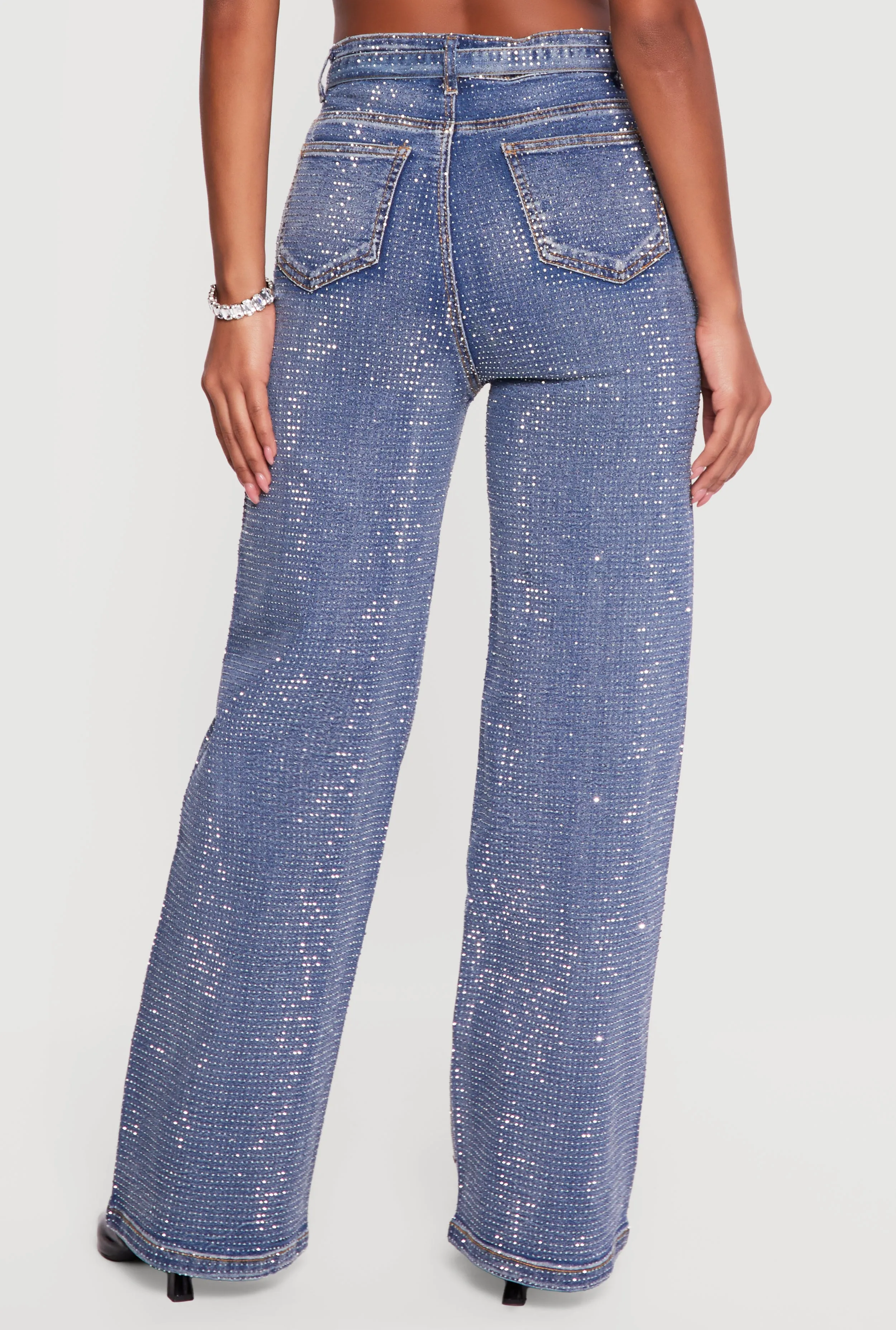 High Waisted Tie Waist Belted Rhinestone Studded Jeans sold by Rainbow product image thumbnail 5