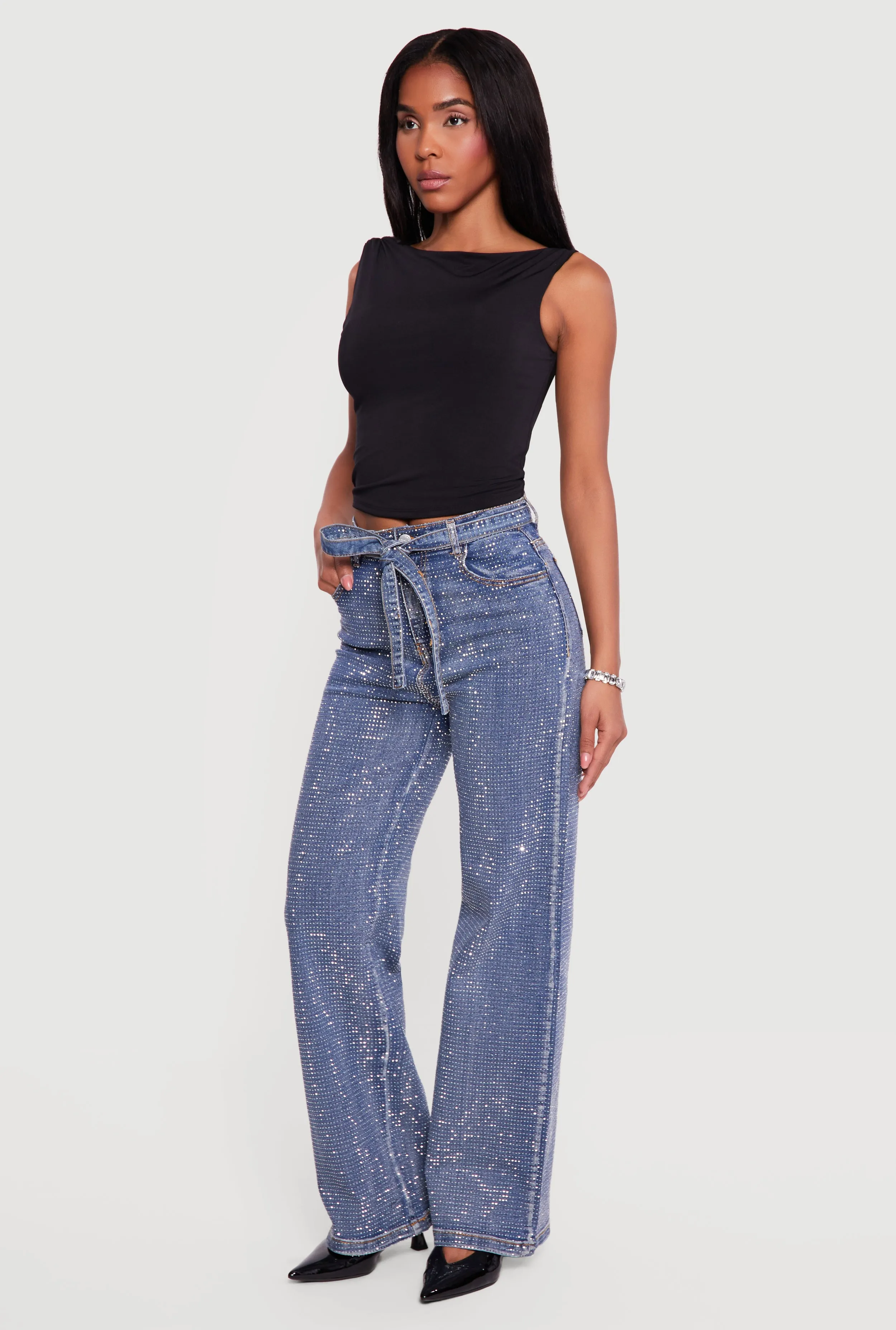 High Waisted Tie Waist Belted Rhinestone Studded Jeans sold by Rainbow product image thumbnail 2