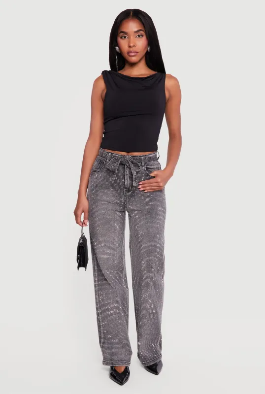 High Waisted Tie Waist Belted Rhinestone Studded Jeans sold by Rainbow