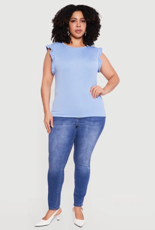 Plus Size Ribbed Knit Sleeveless Top with Ruffles sold by Rainbow