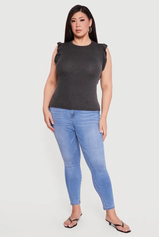 Plus Size Ribbed Knit Sleeveless Top with Ruffles made by Rainbow