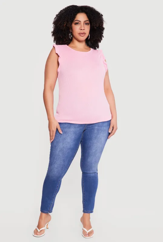 Plus Size Ribbed Knit Sleeveless Top with Ruffles sold by Rainbow