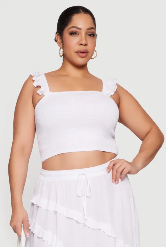 Plus Size Ruffle Strap Smocked Crop Top sold by Rainbow