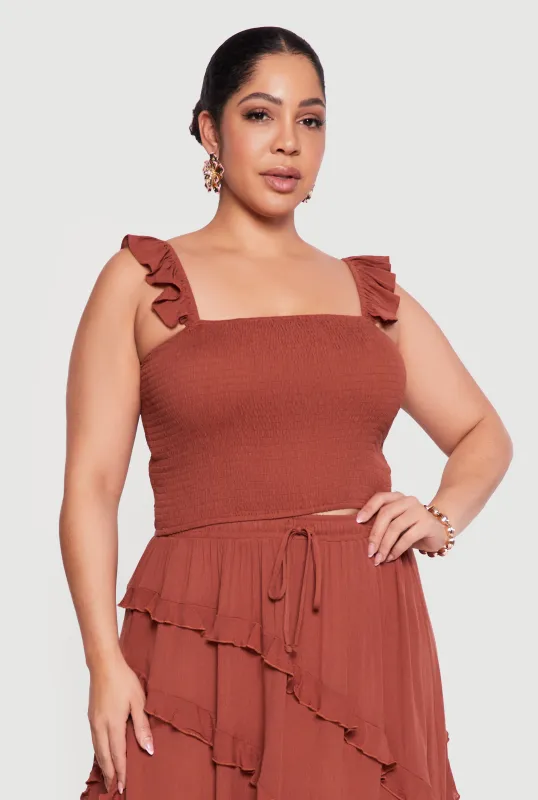 Plus Size Ruffle Strap Smocked Crop Top sold by Rainbow