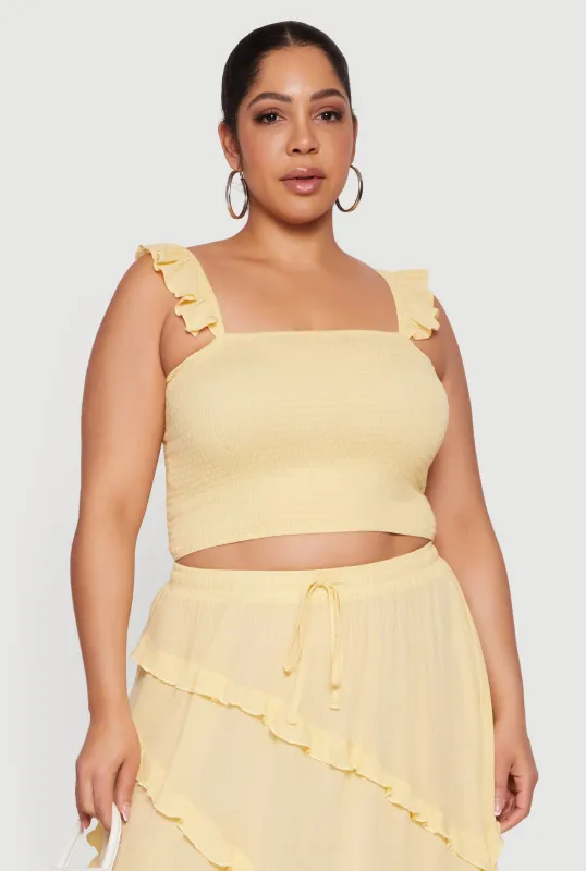 Plus Size Ruffle Strap Smocked Crop Top sold by Rainbow