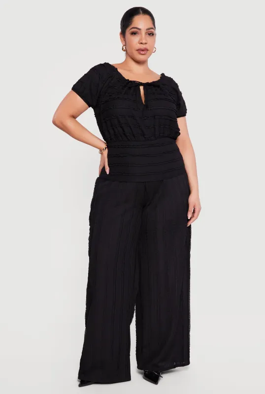 Plus Size Textured Knit High Waisted Pull On Wide Leg Pants sold by Rainbow