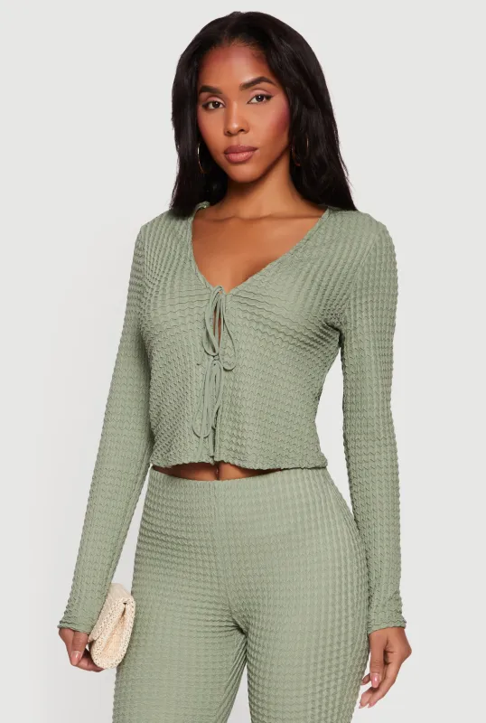 Textured Knit Tie Front Long Sleeve V-Neck Crop Top made by iris