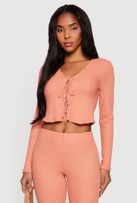 Textured Knit Tie Front Long Sleeve V-Neck Crop Top sold by Rainbow