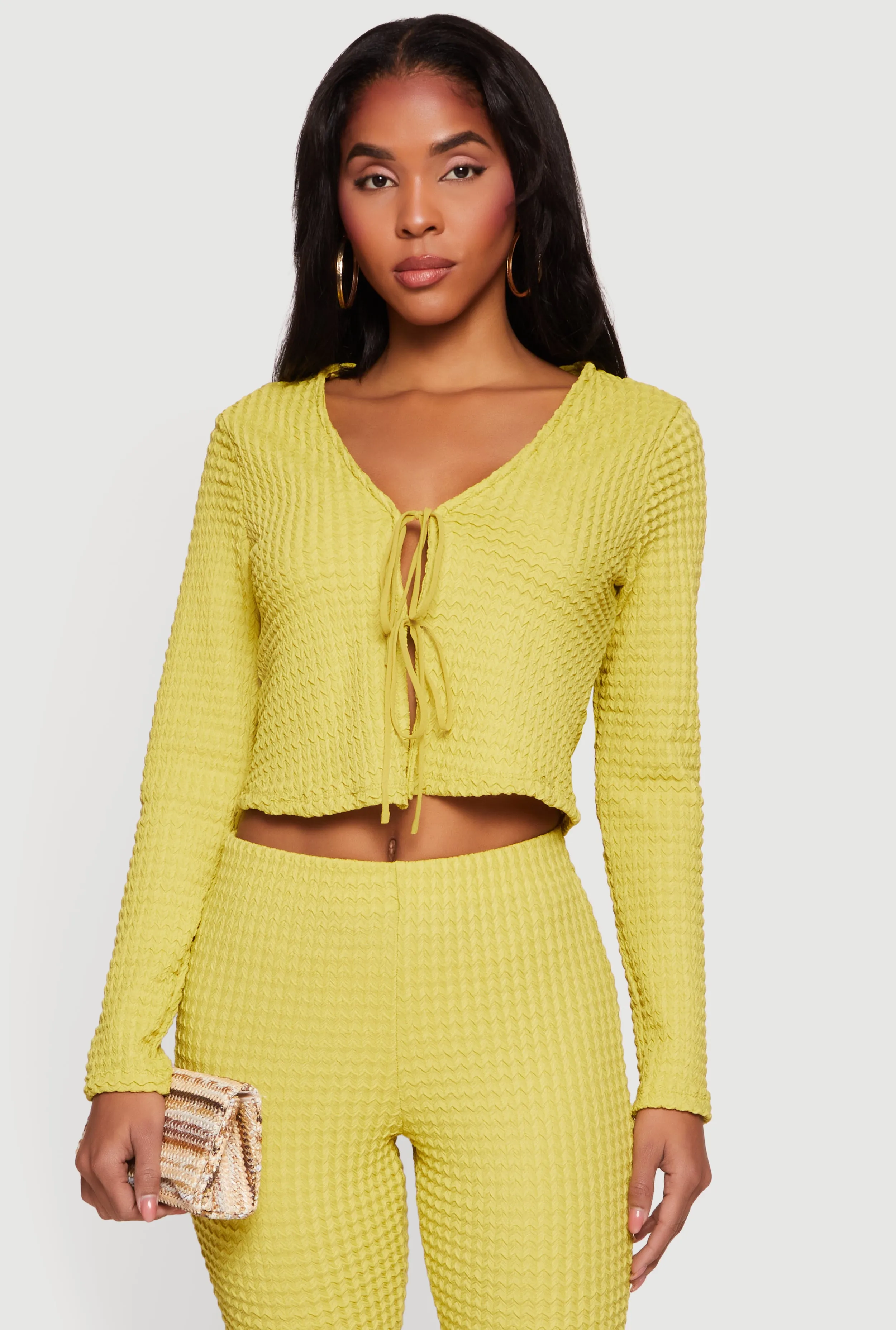 Textured Knit Tie Front Long Sleeve V-Neck Crop Top sold by Rainbow