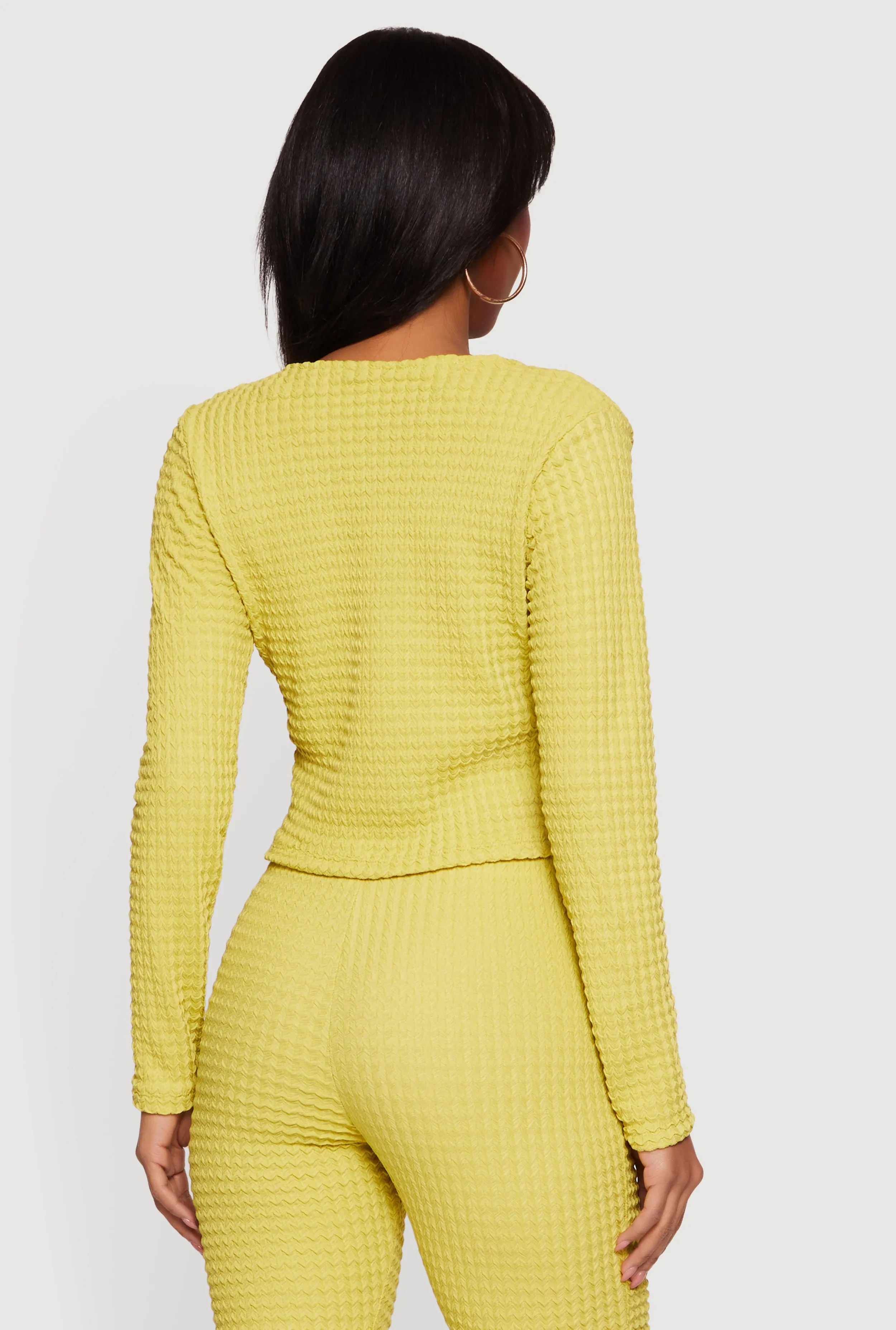 Textured Knit Tie Front Long Sleeve V-Neck Crop Top sold by Rainbow product image thumbnail 5