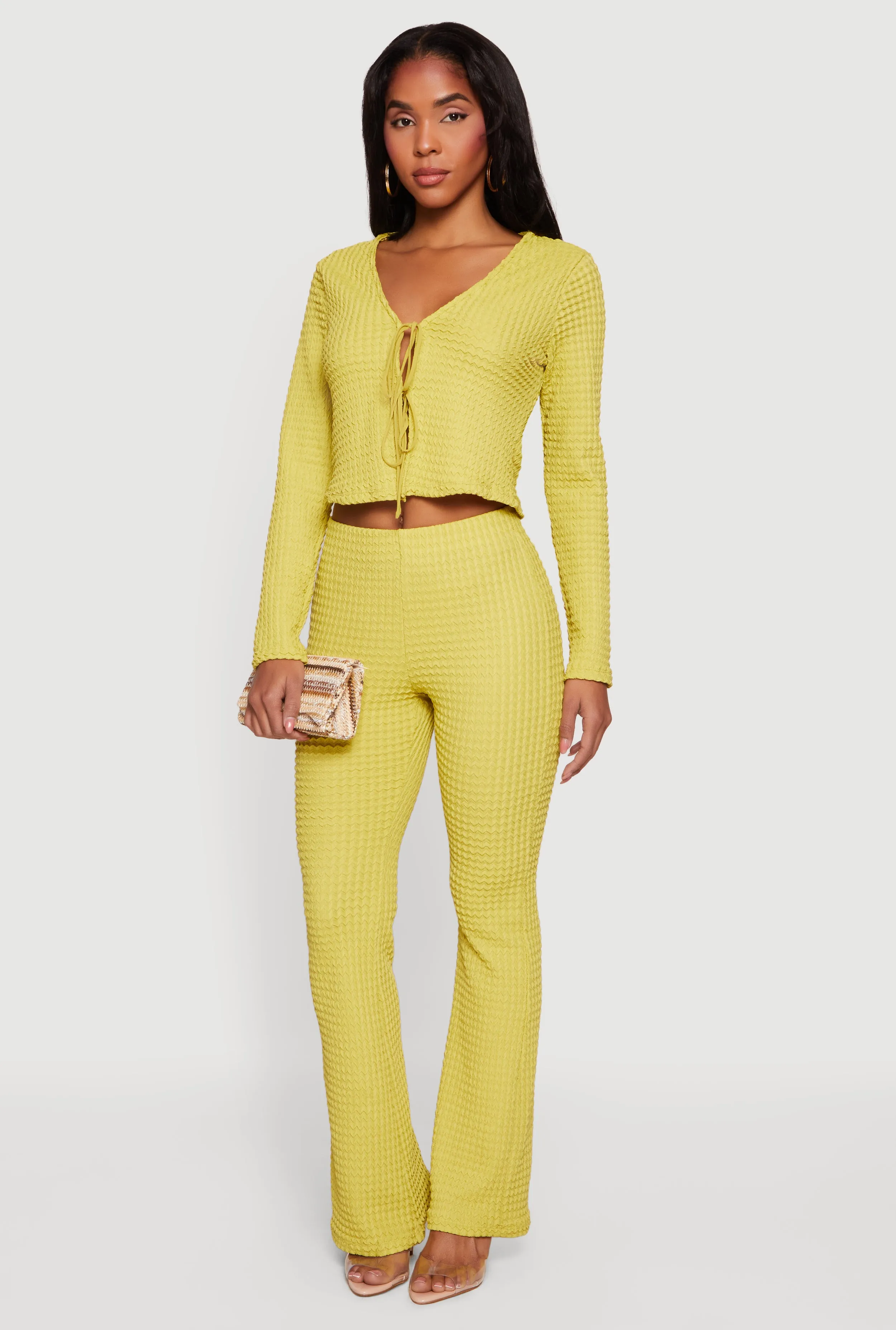 Textured Knit Tie Front Long Sleeve V-Neck Crop Top sold by Rainbow product image thumbnail 2