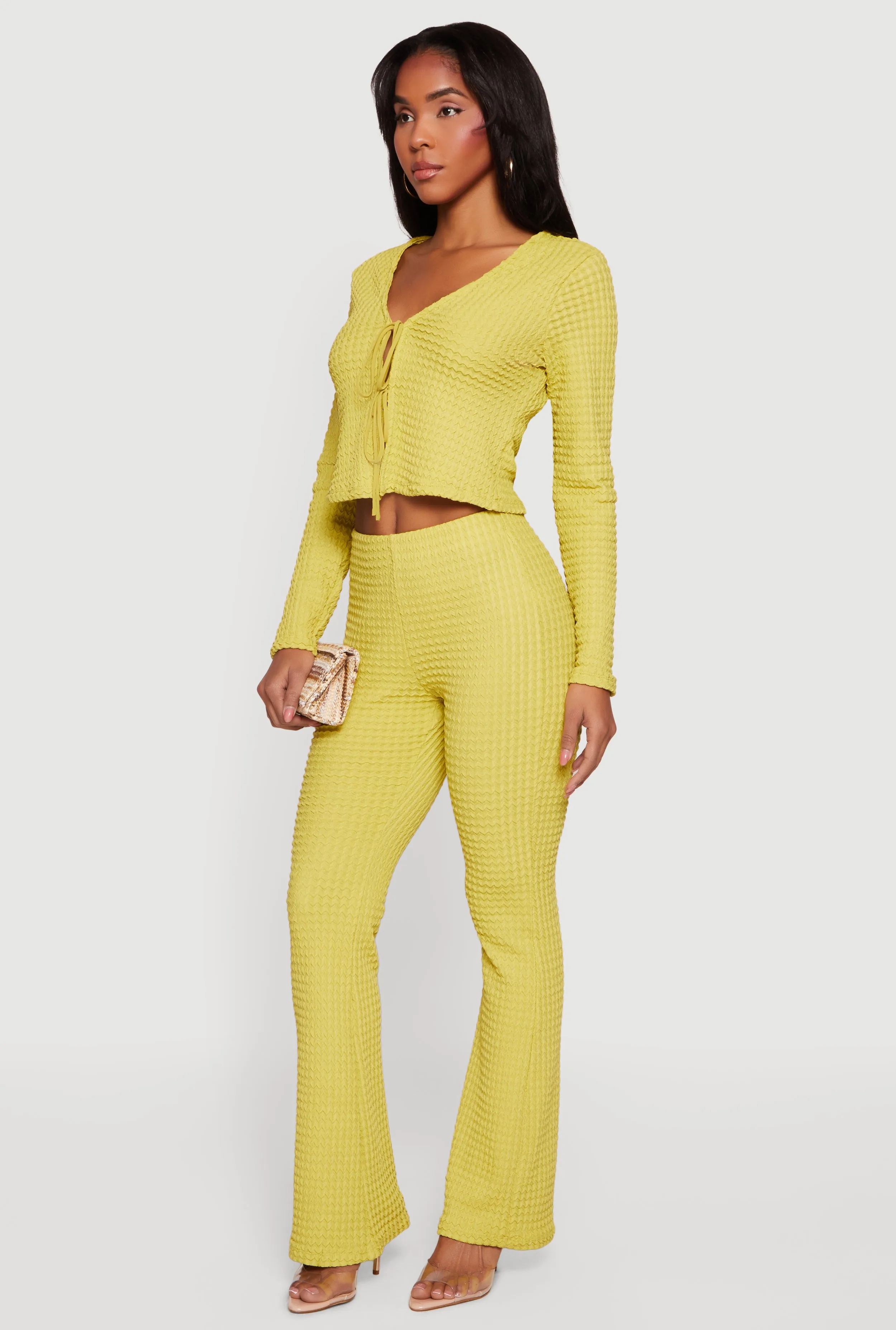 Textured Knit Tie Front Long Sleeve V-Neck Crop Top sold by Rainbow product image thumbnail 3