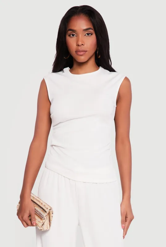 Rib Knit Ruched Sleeveless High Neck Top sold by Rainbow