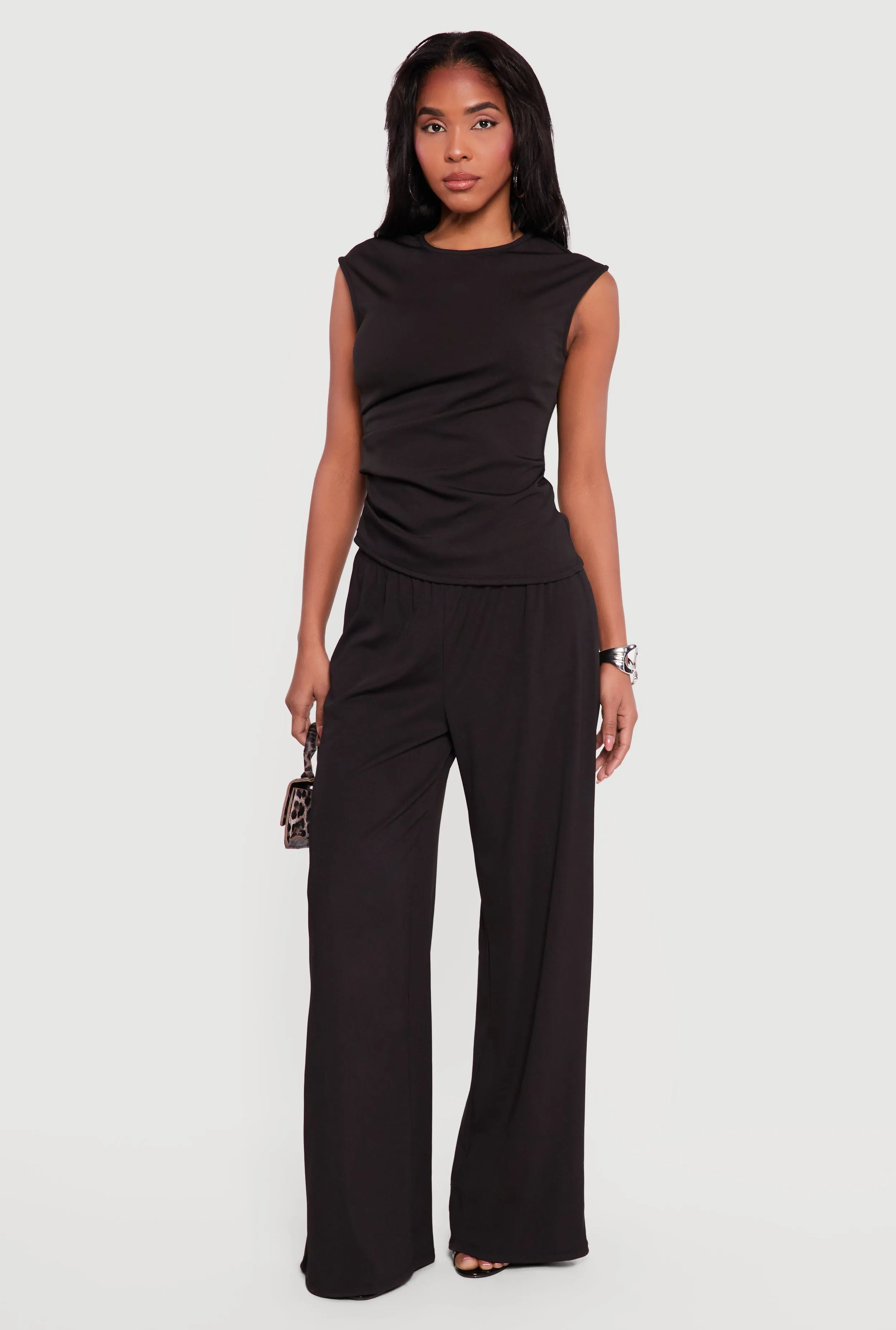 Rib Knit Ruched Sleeveless High Neck Top sold by Rainbow product image thumbnail 2