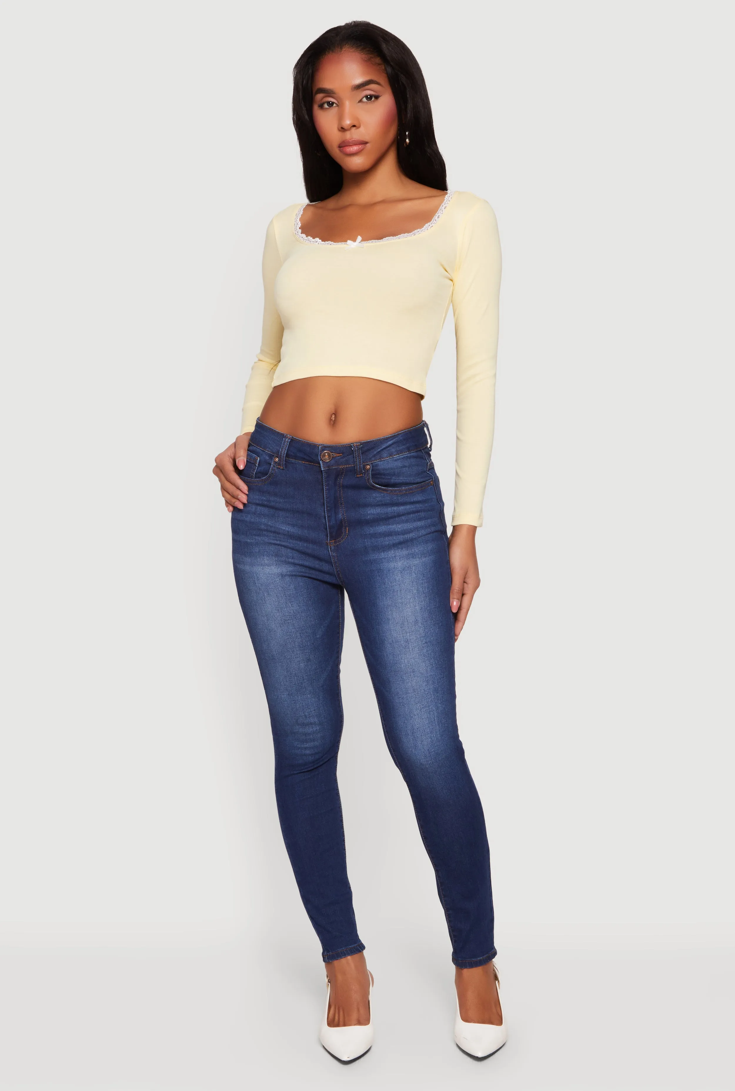 Lace Trim Long Sleeve Scoop Neck Crop Top sold by Rainbow product image thumbnail 4