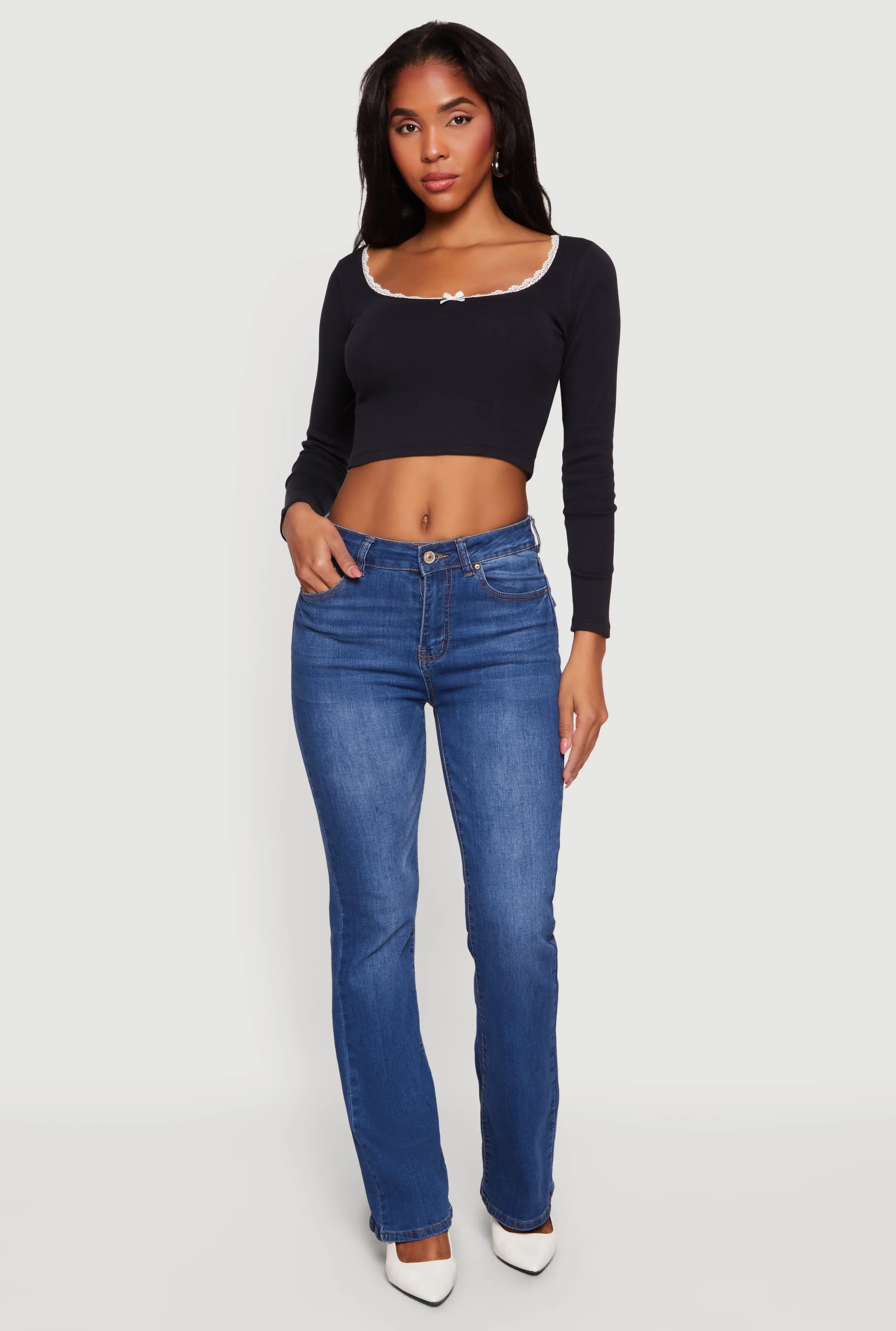 Lace Trim Long Sleeve Scoop Neck Crop Top sold by Rainbow product image thumbnail 2