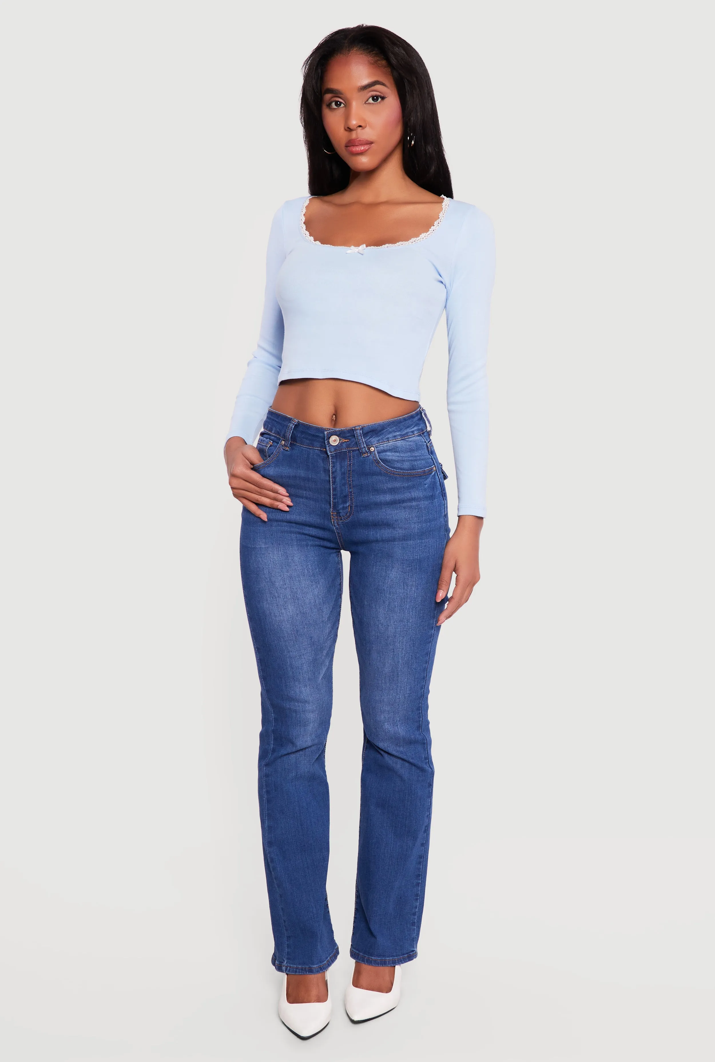 Lace Trim Long Sleeve Scoop Neck Crop Top sold by Rainbow