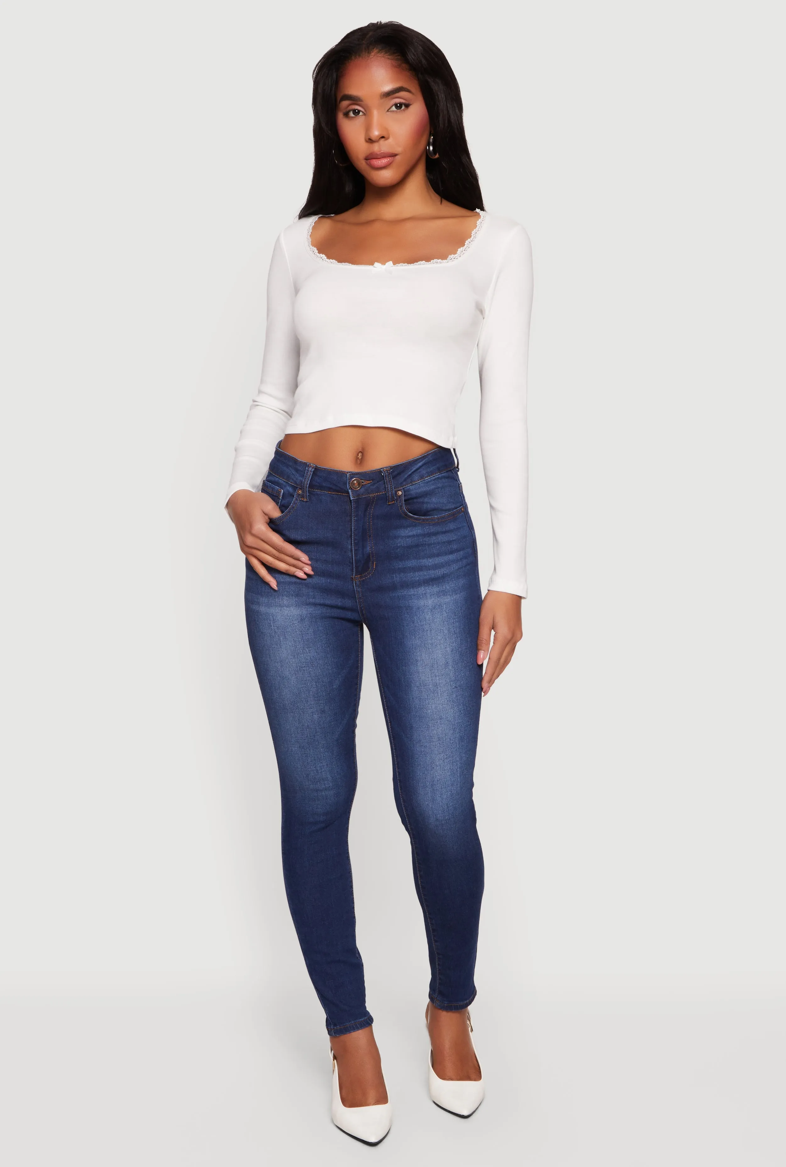 Lace Trim Long Sleeve Scoop Neck Crop Top sold by Rainbow product image thumbnail 3