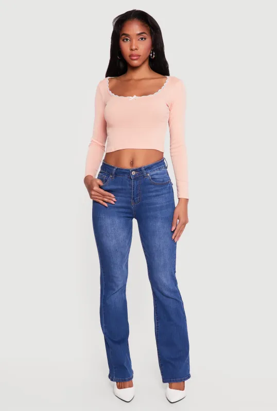 Lace Trim Long Sleeve Scoop Neck Crop Top sold by Rainbow