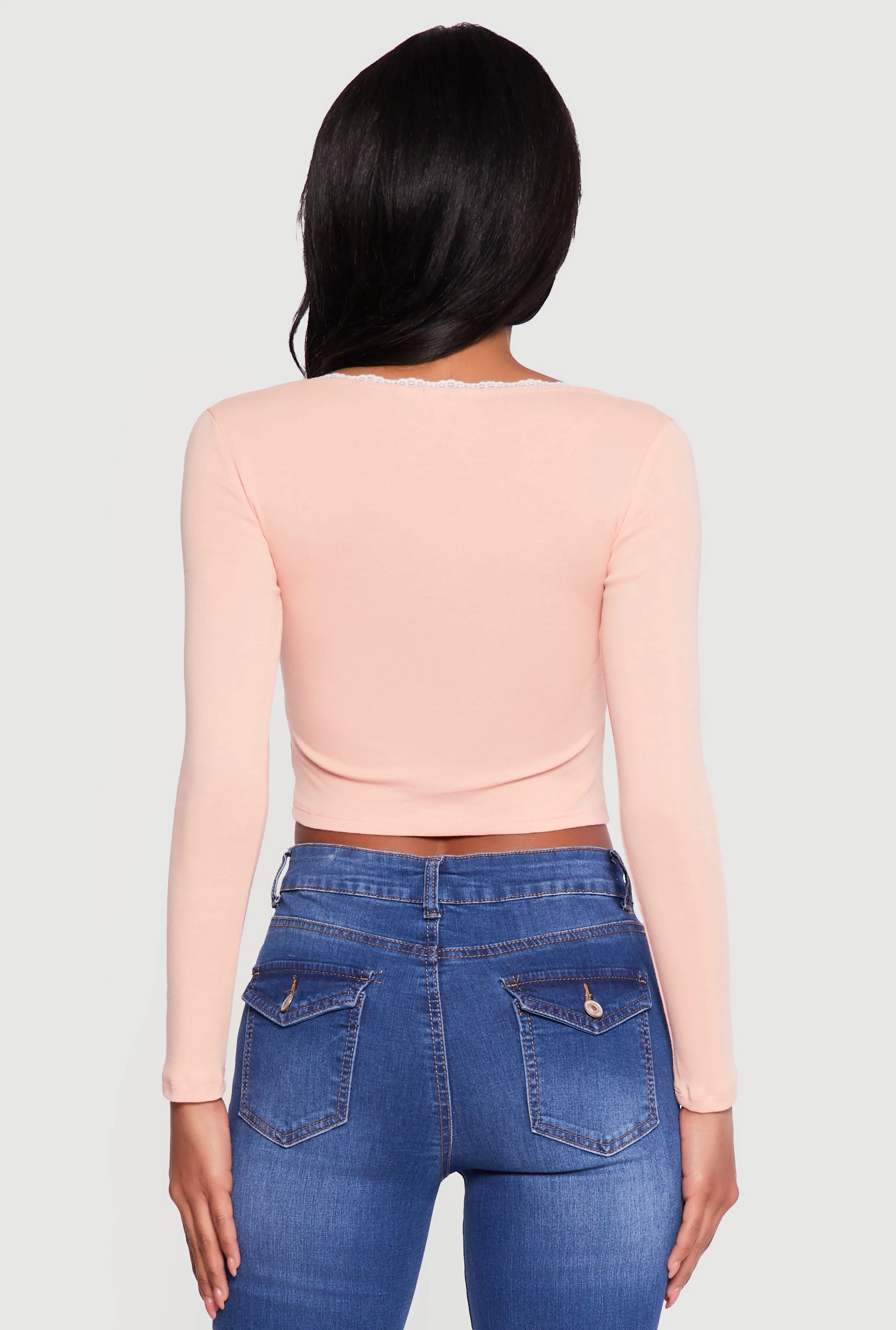Lace Trim Long Sleeve Scoop Neck Crop Top sold by Rainbow product image thumbnail 5