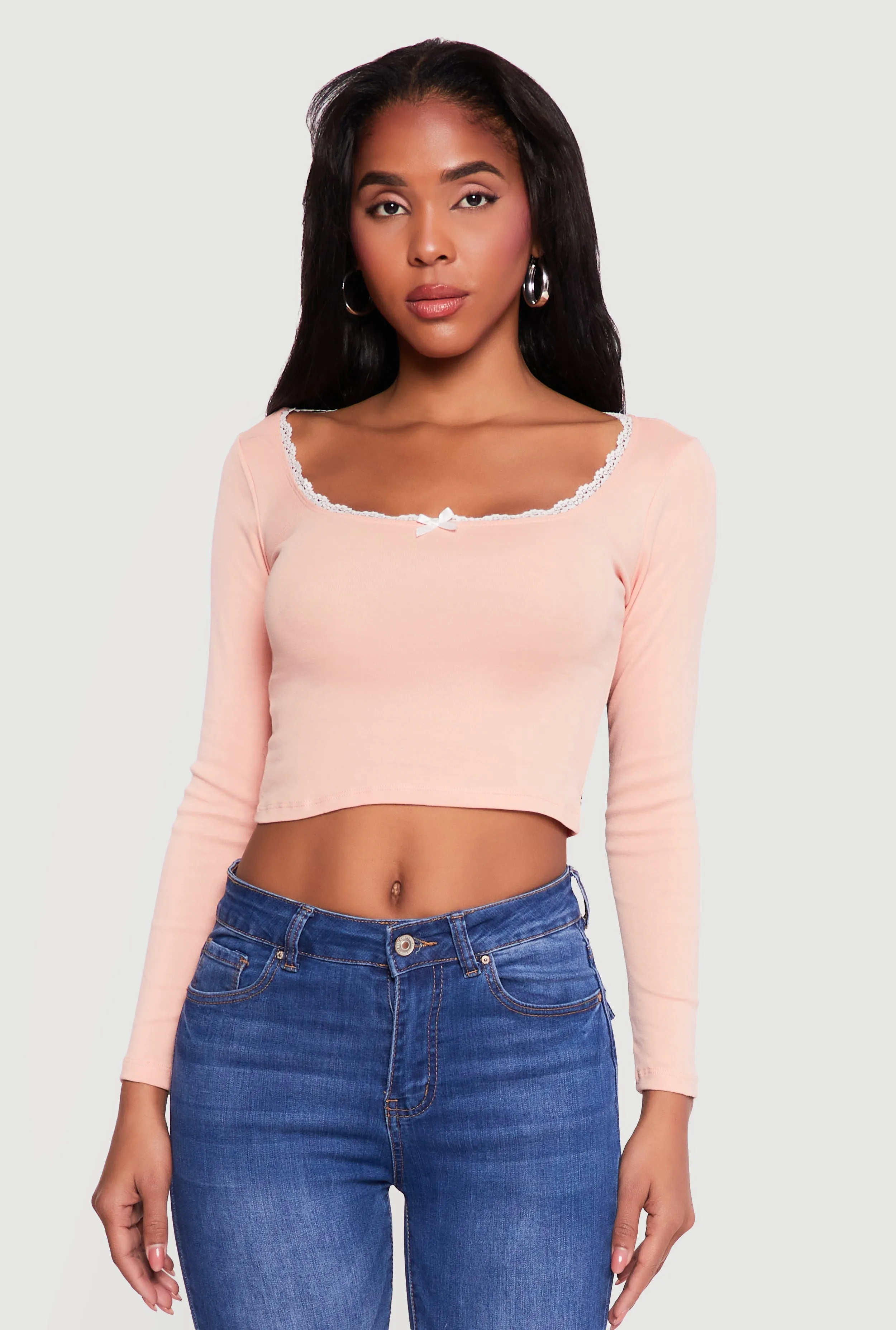 Lace Trim Long Sleeve Scoop Neck Crop Top sold by Rainbow product image thumbnail 2