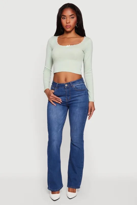 Lace Trim Long Sleeve Scoop Neck Crop Top sold by Rainbow