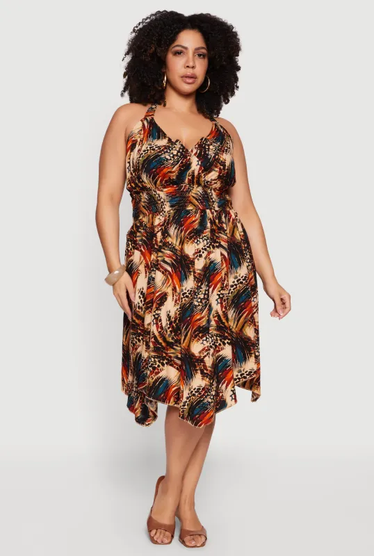 Plus Size Abstract Print Smocked Waist Halter Midi Dress sold by Rainbow