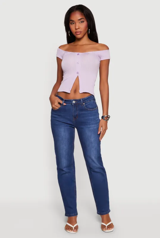 Rib Knit Off The Shoulder Slit Front Top sold by Rainbow