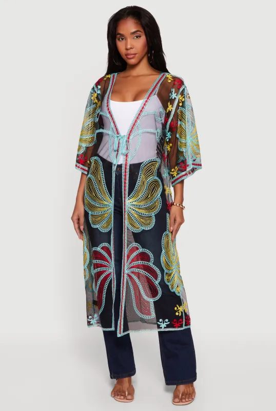 Floral Mesh Tie Front Long Kimono sold by Rainbow