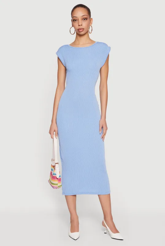 Ribbed Knit Cap Sleeve Backless Midi Dress sold by Rainbow