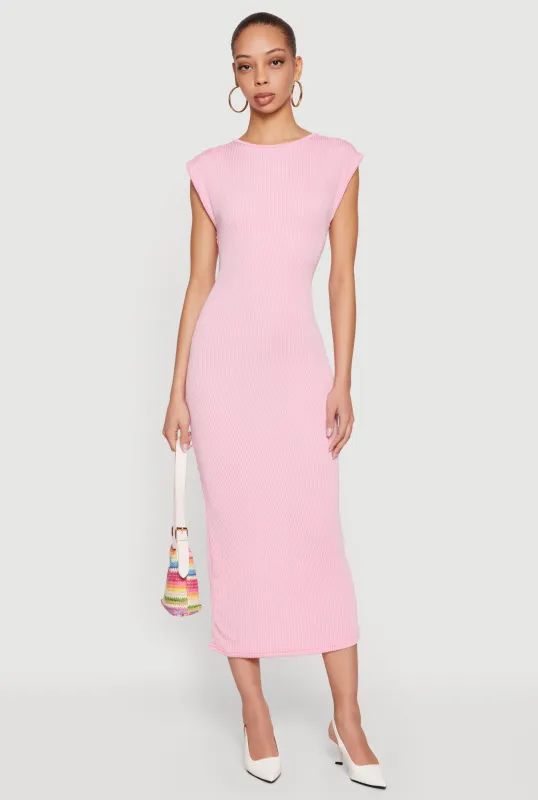 Ribbed Knit Cap Sleeve Backless Midi Dress made by Rainbow