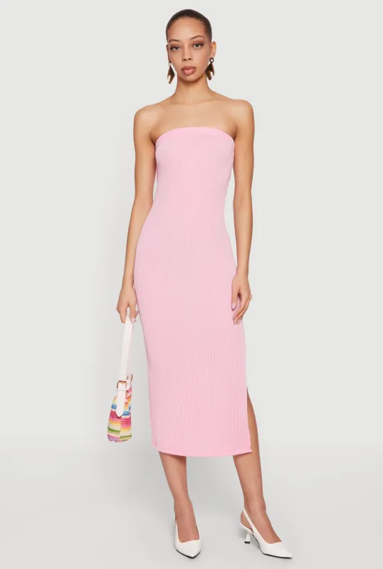 Ribbed Knit Side Slit Midi Tube Dress with Keyhole Back sold by Rainbow