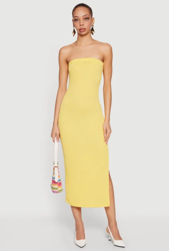 Ribbed Knit Side Slit Midi Tube Dress with Keyhole Back sold by Rainbow
