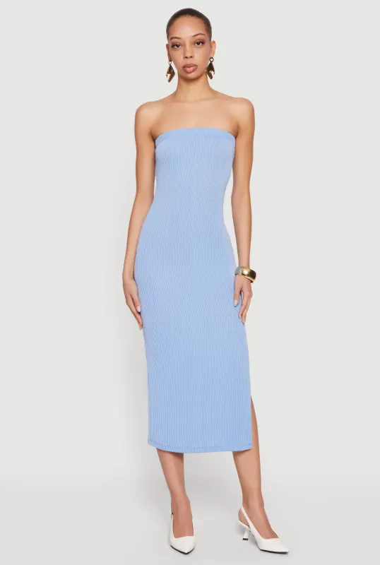 Ribbed Knit Side Slit Midi Tube Dress with Keyhole Back sold by Rainbow