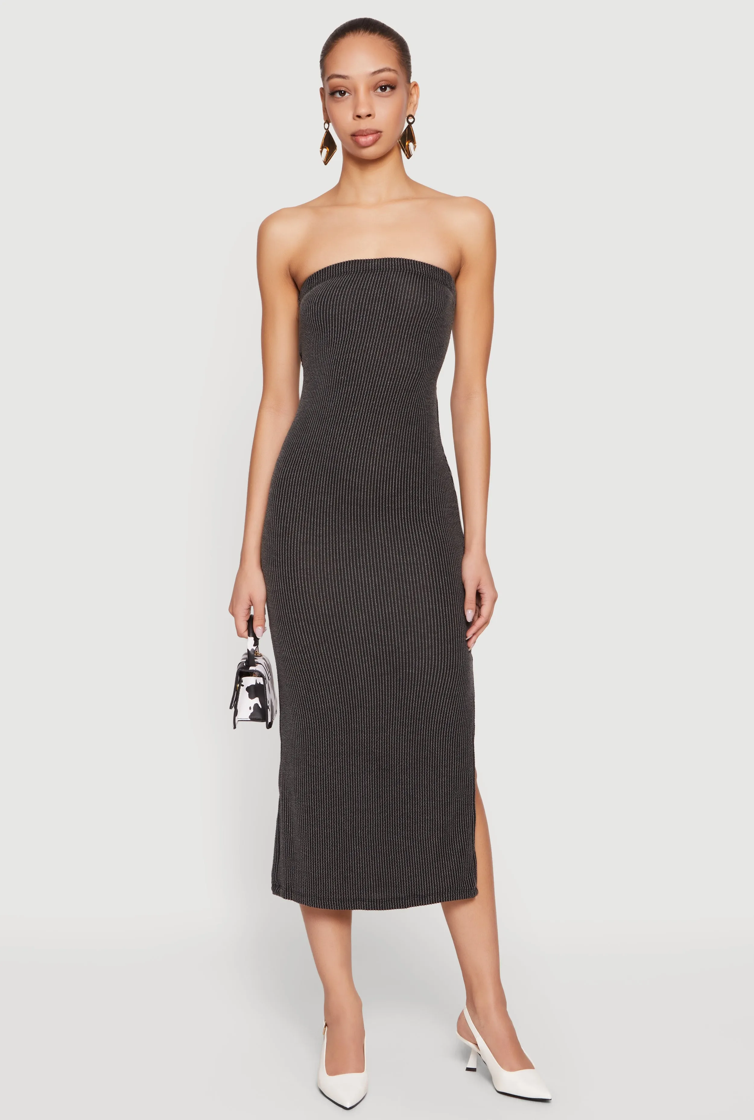 Ribbed Knit Side Slit Midi Tube Dress with Keyhole Back sold by Rainbow