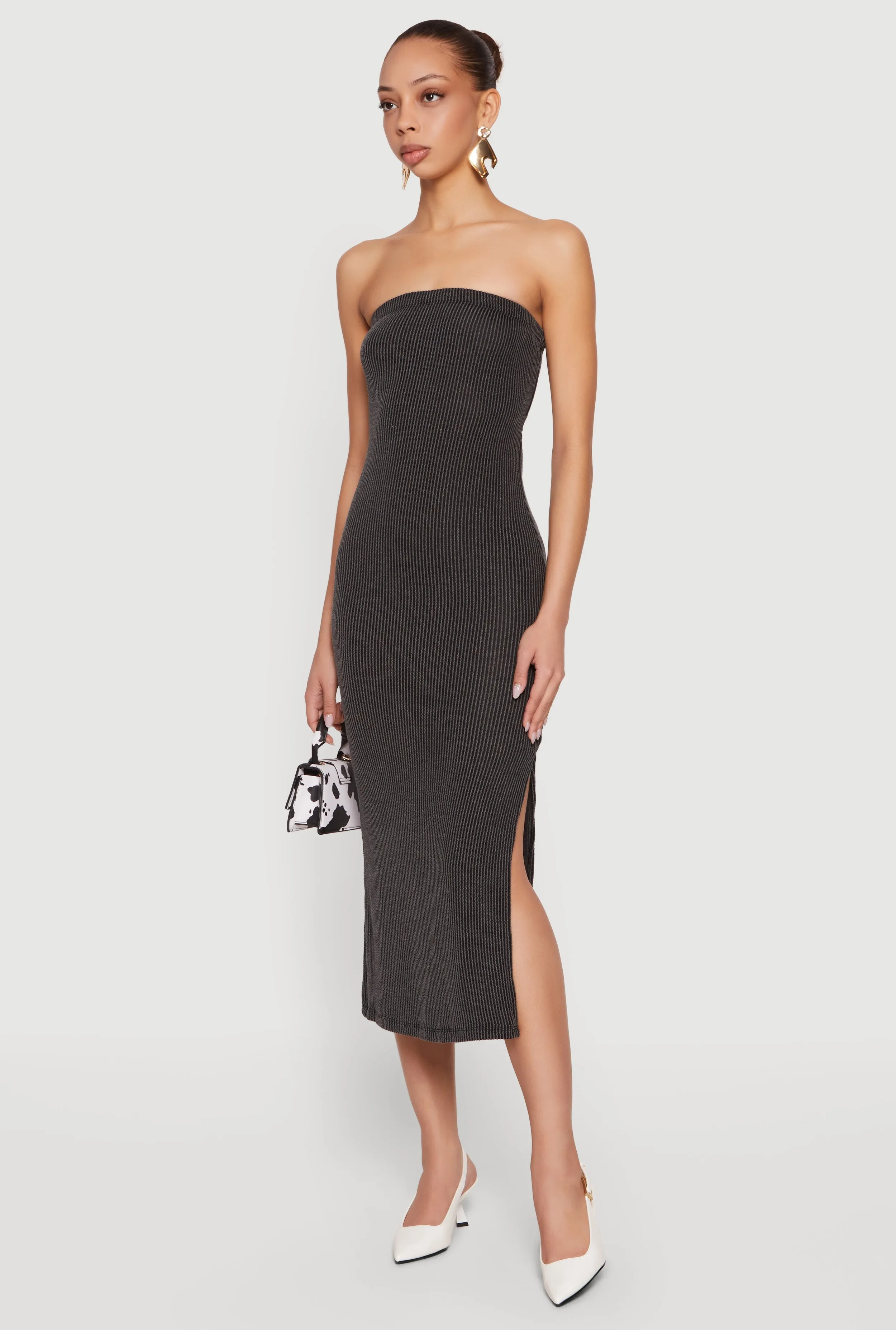 Ribbed Knit Side Slit Midi Tube Dress with Keyhole Back sold by Rainbow product image thumbnail 2