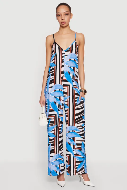 Tropical Leaf Abstract Print Wide Leg Jumpsuit made by Rainbow
