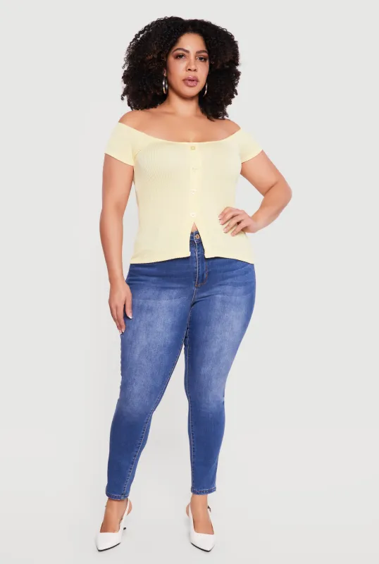 Plus Size Rib Knit Off The Shoulder Slit Front Top sold by Rainbow