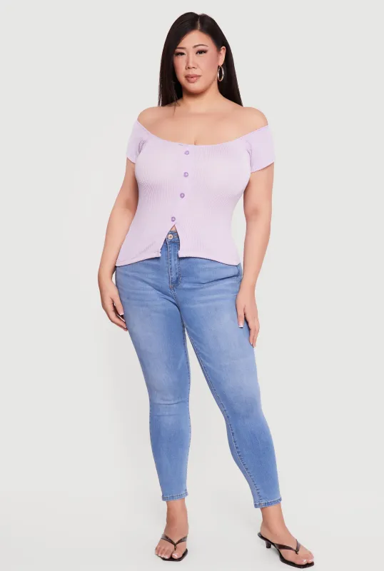 Plus Size Rib Knit Off The Shoulder Slit Front Top sold by Rainbow