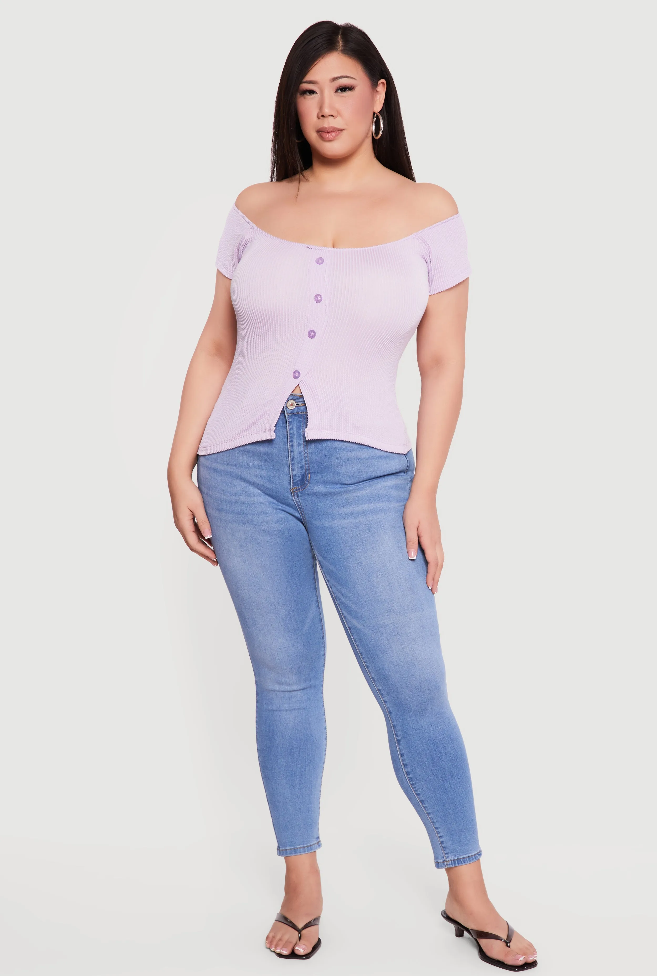 Plus Size Rib Knit Off The Shoulder Slit Front Top sold by Rainbow