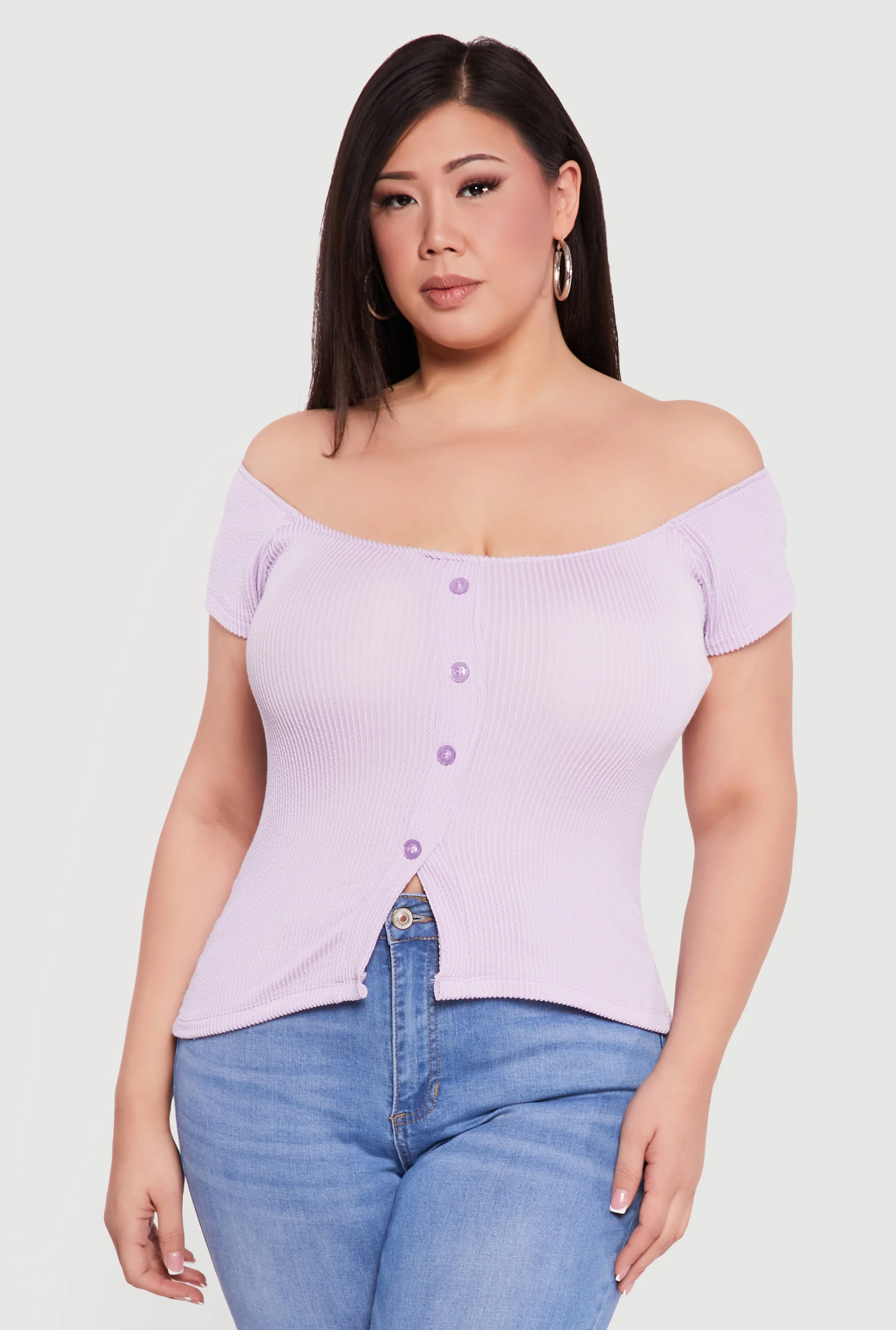 Plus Size Rib Knit Off The Shoulder Slit Front Top sold by Rainbow product image thumbnail 2